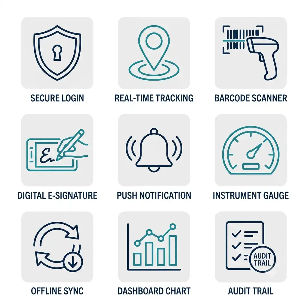 Grid of nine Mobile LIMS feature icons showing secure login, real-time tracking, barcode scanning, digital signatures, notifications, instrument monitoring, offline sync, dashboards, and audit trails